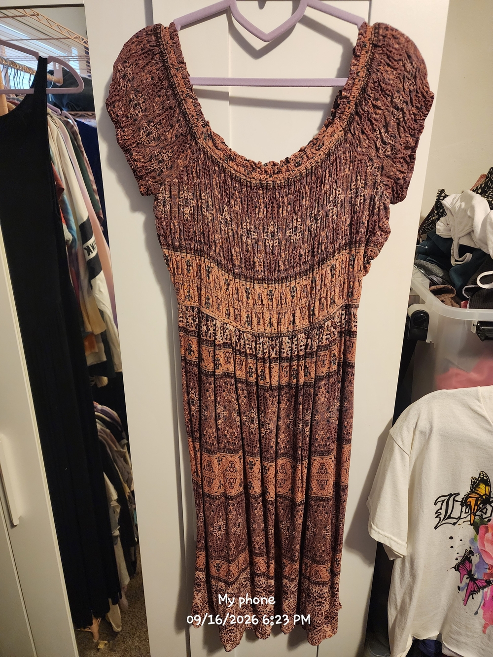 eesome Boho Midi Dress in Rust and Brown Printed Fabric